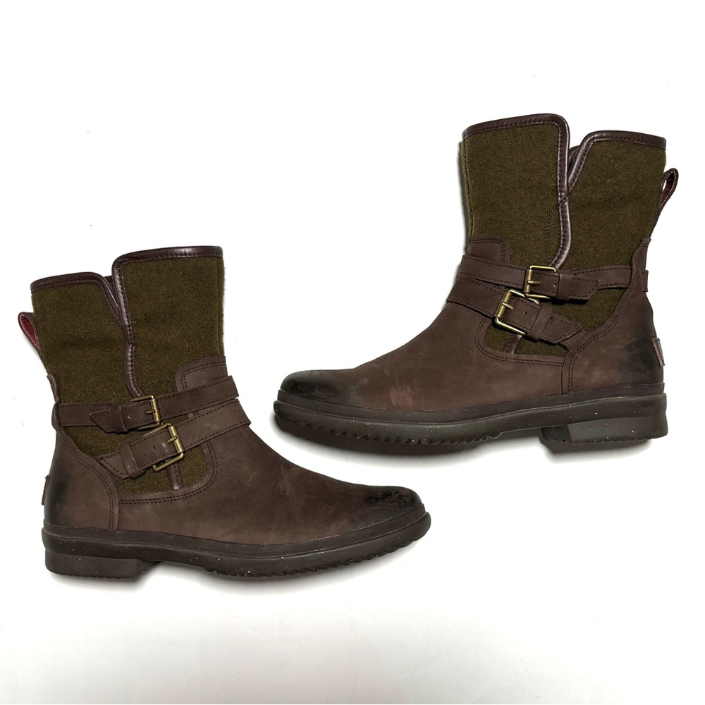 Women’s Brown Leather & Olive Fabric Ankle Boots with Buckle Detail